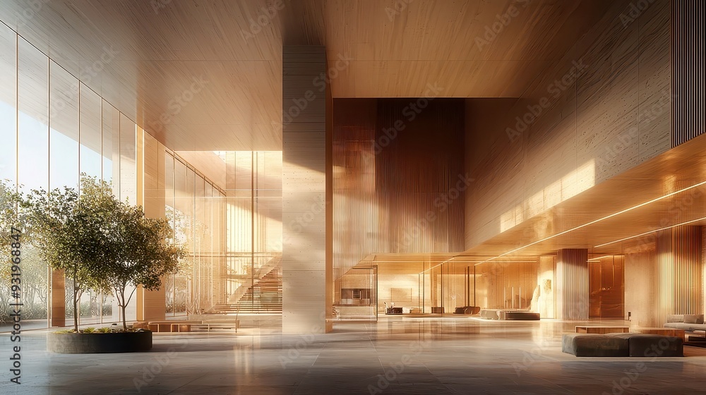 Poster architectural concept, open area design, emphasis on spatial flow, harmonious integration of light a