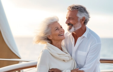 Obraz premium Enjoying sailing at sunset. Happy senior couple, elderly man and woman holding hands, hugging and relaxing while sitting on the side of yacht deck floating in the sea