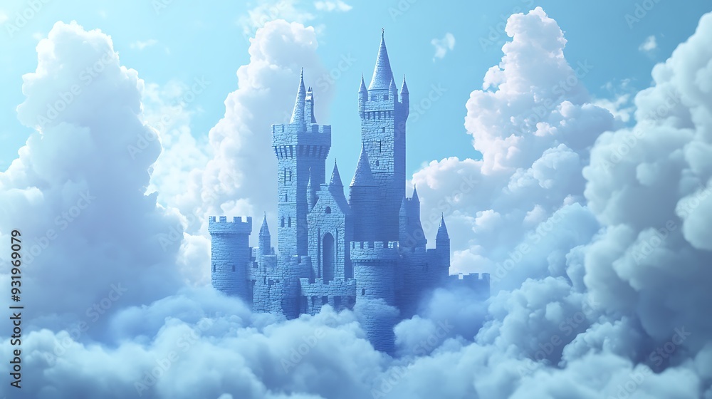 Aufkleber enchanting mystical castle with floating clouds - 3d rendering in c4d style