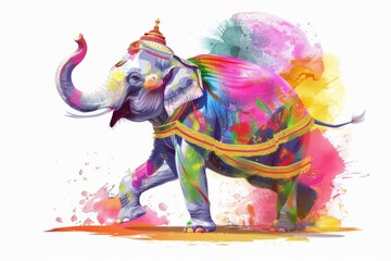 A cheerful, fashion-forward elephant in a colorful sari, participating in the Holi festival in India. I