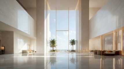 Fototapeta premium Elegant hotel living room, spacious layout, modern furnishings, soft ambient light, inviting atmosphere, stylish decor, perfect for relaxation and social gatherings