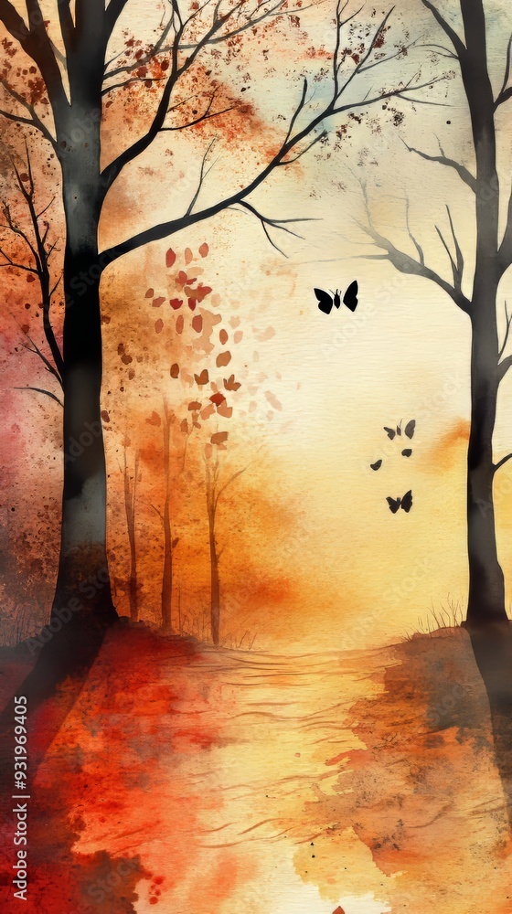 Sticker butterflies flying over autumnal path at sunset