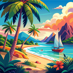 Tropical beach landscape with sailboat and palm trees on the seashore Summer vacation