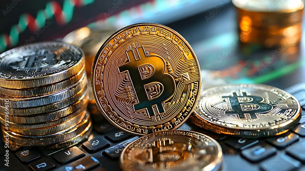 Aufkleber bitcoin cryptocurrency coins on a keyboard with a financial chart in the background