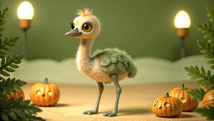Charming baby emu standing curiously amidst pumpkins in moonlit autumn scene
