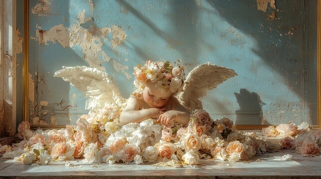 Nostalgic Design Elements Featuring Angels, Doves, and Roses in a Serene Setting, Evoking a Sense of Tranquility and Timeless Beauty in an Open Space
