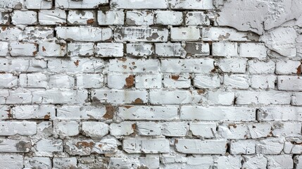 Close-up of a peeling and old white and gray cement brick wall, a sign of long-term use.