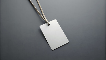 Empty layout on grey background. Common blank label name tag hanging on neck with thread