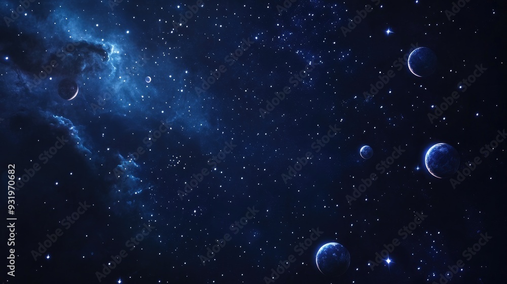 Poster 2d illustration featuring a realistic star pattern in deep space showcasing stars planets and moons 