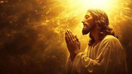 Jesus Christ praying with a heavenly light glowing above him