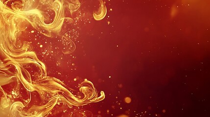 Glowing Golden Fire Flames and Swirls in Chinese New Year Red - Abstract Background