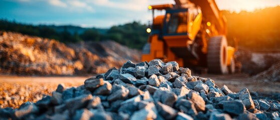 Top-down view of a stone grinder in a sprawling quarry, with a close-up focus on the machinery crushing stone into gravel