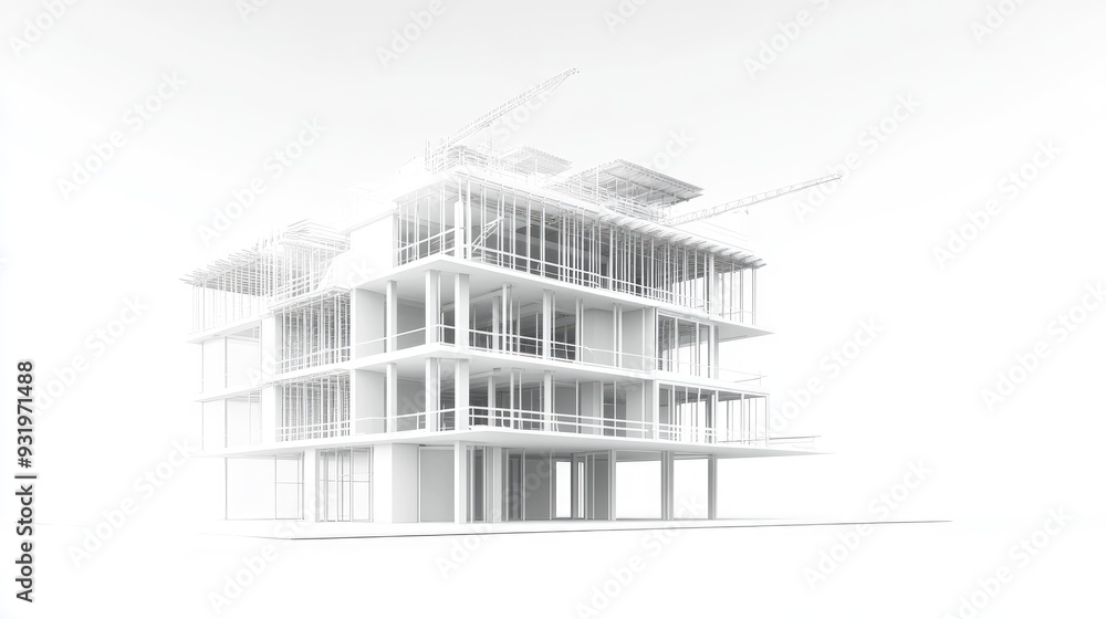 Poster 3d rendering of a white building under construction abstract architectural design background