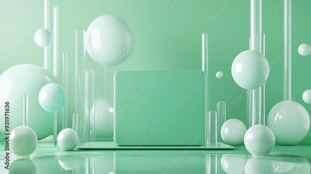 Poster 3d rendering of an abstract tablet set against a green background