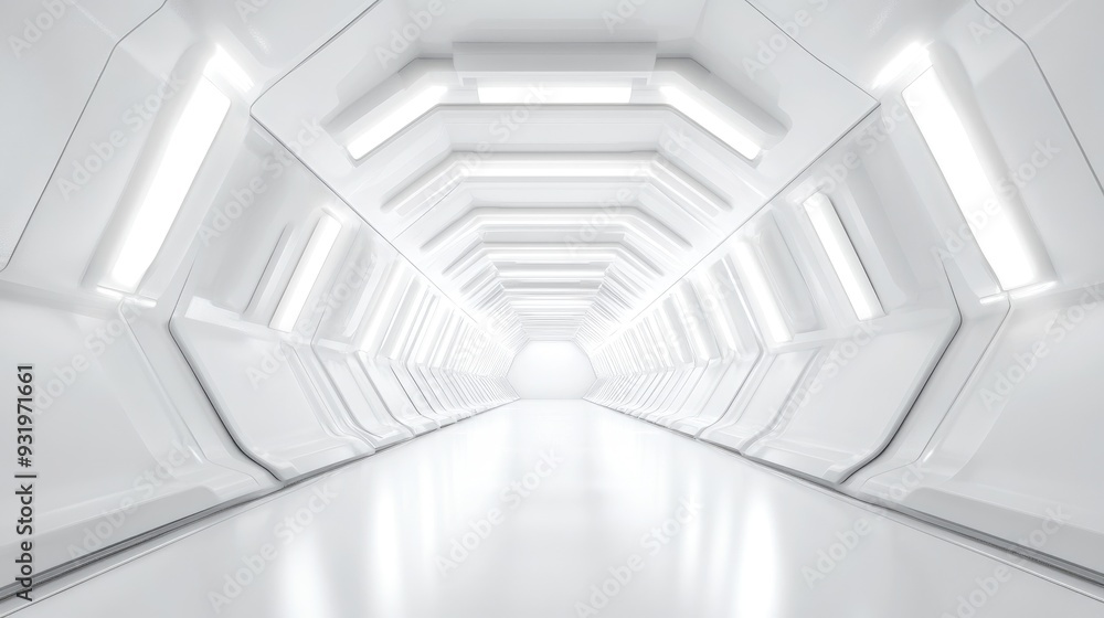 Poster 3d rendering of an abstract white sci fi tunnel resembling a futuristic spaceship corridor
