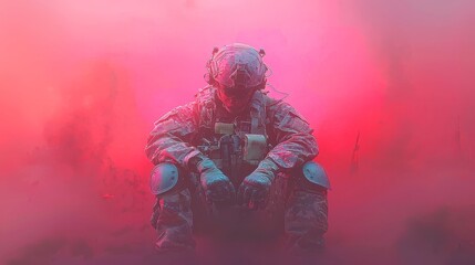 Fototapeta premium Lonely Sentinel, a solitary soldier stands amidst the remnants of war, reflecting on loss and solitude, digital art captures the deep emotions of conflict and resilience.
