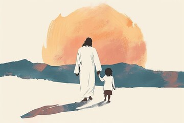 A minimalist drawing of Jesus pointing towards the sky while children gaze up in wonder. The illustration uses soft colors and simple outlines to create a serene and uplifting moment.