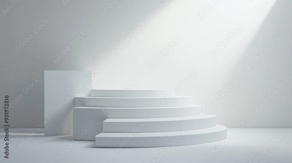 Poster 3d template featuring round and square empty stages and podium stairs white podium mockup with vario