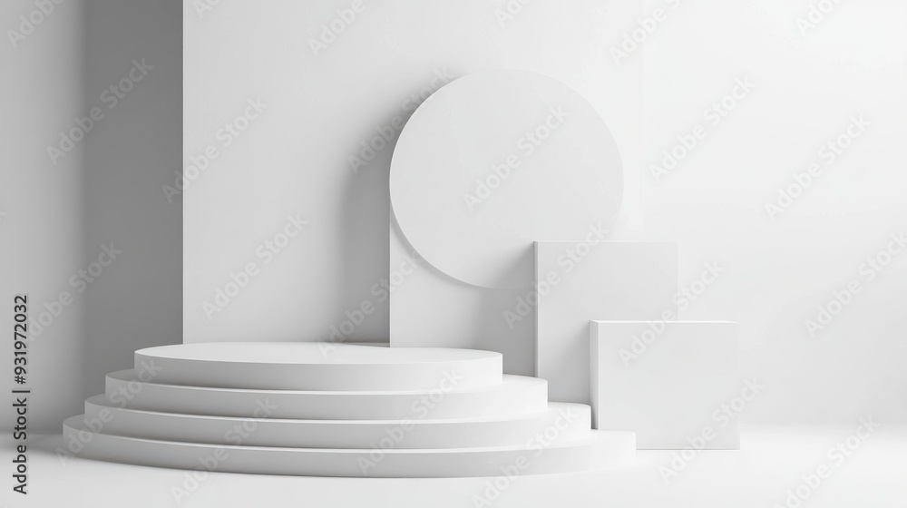 Poster 3d template featuring round and square empty stages and podium stairs white podium mockup with vario