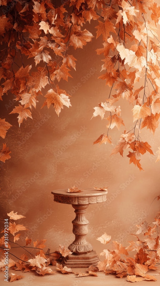Poster Empty round display table surrounded by autumn leaves hanging on a brown wall background