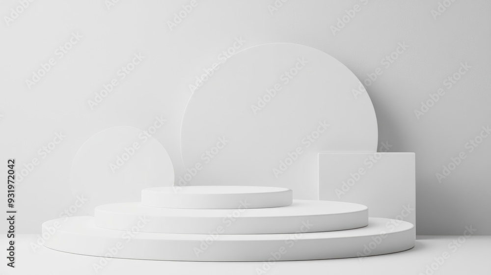 Poster 3d template featuring round and square empty stages and podium stairs white podium mockup with vario