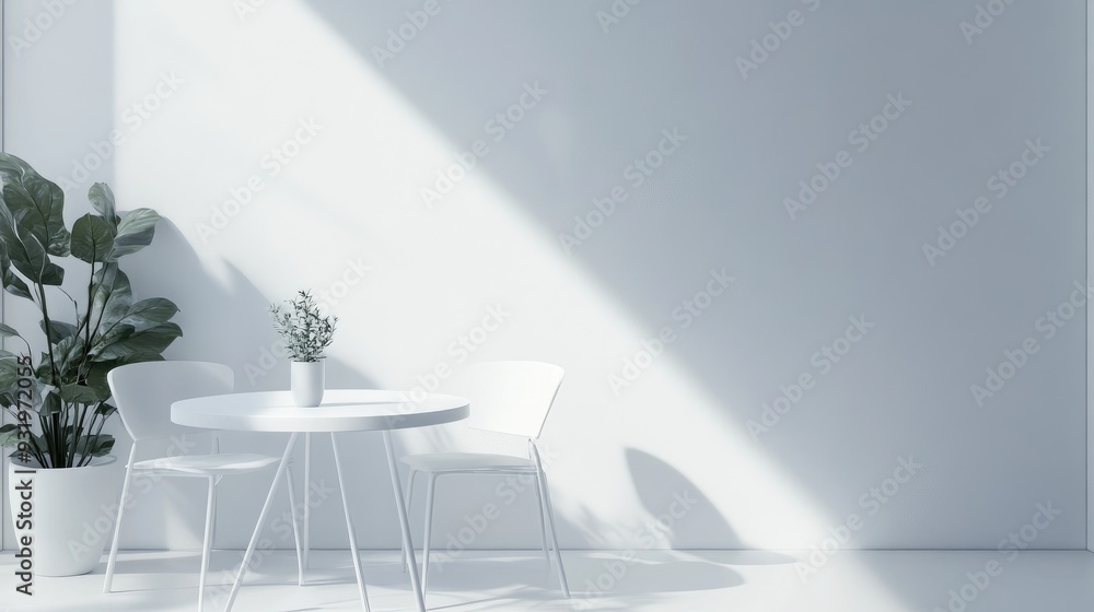 Aufkleber 3d visualization of a white table and chairs set against a clean minimalist studio backdrop