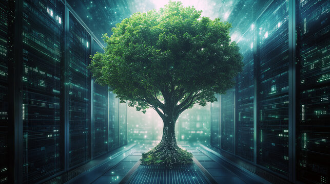 Growing tree is rooted in a data center and reaches towards the sky. Represents industries and technologies cares environment and nature. Green trade digital business support concept, illustration.