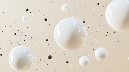 Abstract animated liquid fluid dynamics featuring white metaballs and floating blobs seamlessly transitioning on a beige background adorned with small black pearls rendered in 3D for business pres