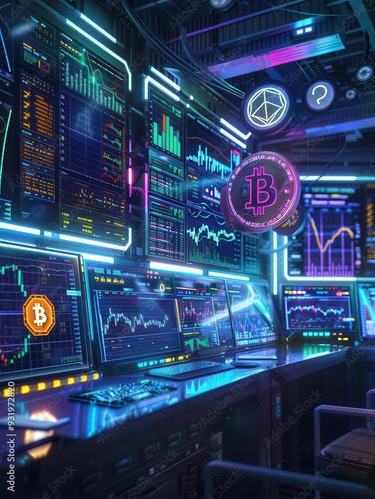 Leinwandbilder a bustling cryptocurrency exchange platform displays real-time market values of different coins agai
