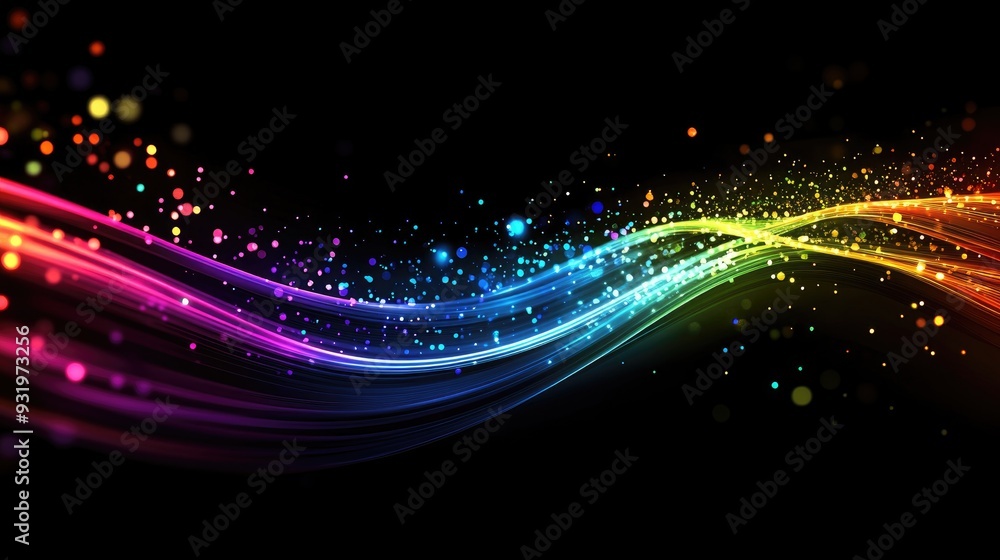 Poster abstract background of oscillating fibers with colorful lines and lights highlighting themes of tech