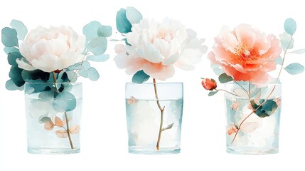 Delicate Floral Watercolor Bouquet, featuring pink and peach blush flowers, lush green leaves, twigs, eucalyptus, rose, peony, ideal for wedding invitations, wallpapers, fashion prints