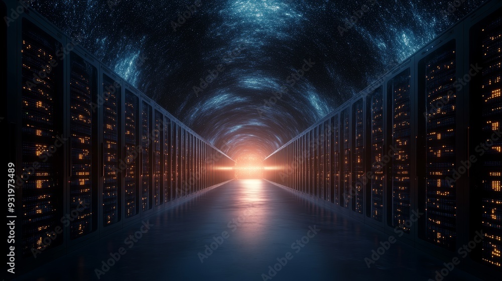 Poster a futuristic data center illuminated by a bright light at the end of a dark corridor, symbolizing ad
