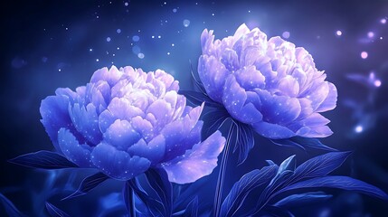 Obraz premium Enchanted Lavender Peonies in Starlit Fantasy - Digital Art on Dark Blue Background