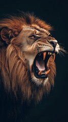 Aggressive male lion showing teeth roaring on black background