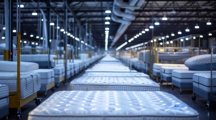 A white mattress made of sturdy and beautiful materials is displayed in a department store symbolizing luxury bedroom furniture.