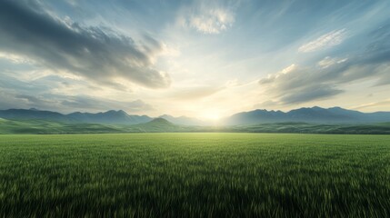 Obraz premium A breathtaking landscape featuring lush green fields under a dramatic sky at dawn, with distant mountains silhouetted against the horizon.