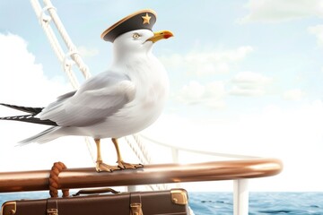 A happy seagull in a captain's hat sits on a ship's railing, with a suitcase by its side, taking in the ocean views. The seagull looks content and carefree, enjoying its journey.