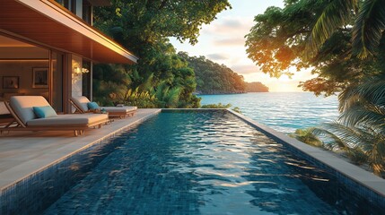 Luxurious infinity pool overlooking the tranquil ocean at sunset, flanked by tropical trees and comfortable lounging chairs, epitomizing relaxation and high-end travel