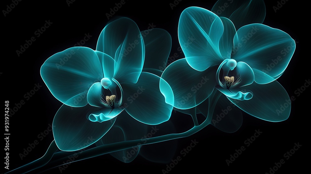 Poster enchanting teal orchids with shimmering gradient effect on black background - modern digital art wit
