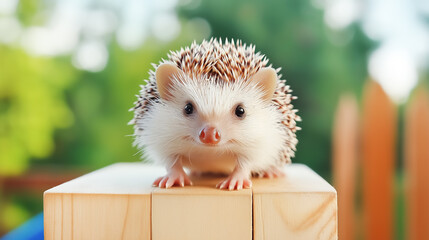 Obraz premium Cute hedgehog balances on a wooden block, its tiny face full of curiosity, with a soft focus on the green outdoors behind it.