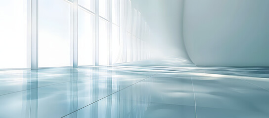 Obraz premium Modern White Glass Surface with Delicate Reflections and Faint Shadow, Featuring a Subtle Gradient from Light Blue to White, Creating a Calm and Sophisticated Background Ideal for Beauty Product 