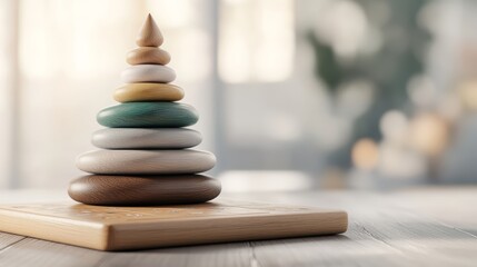 Fototapeta premium Colorful wooden stacking toys arranged in a playful tower. Ideal for children's decor or educational themes.