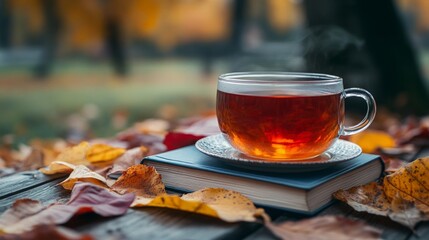 Steaming cup of tea resting on book with autumn leaves