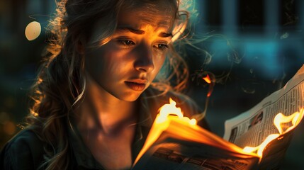 Obraz premium A young girl holds a burning newspaper in her hands