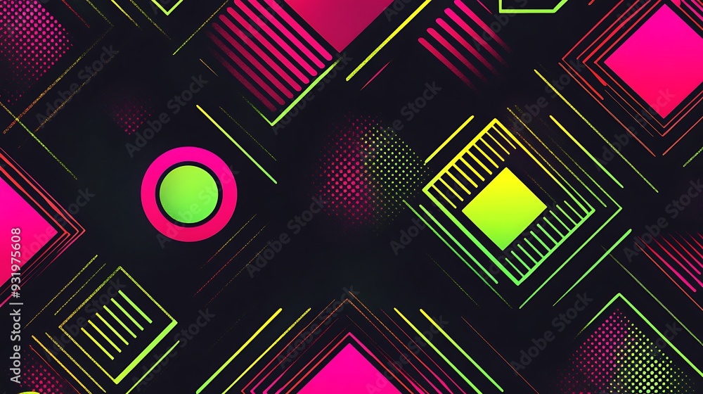 Poster neon geometric patterns in hot pink and neon green on black background - vibrant vector art with sha