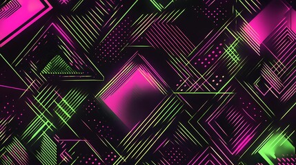 Glowing Neon Geometric Patterns - Vibrant Hot Pink and Neon Green Design on Black Background in Cartoon Style Vector Art