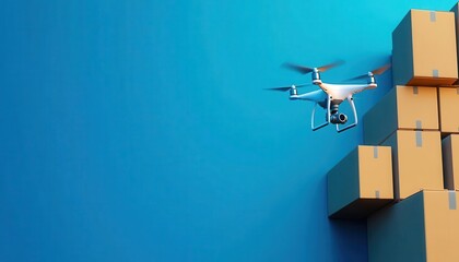Fototapeta premium A drone hovering over stacked boxes, symbolizing innovation in logistics and modern delivery solutions against a vibrant blue background.