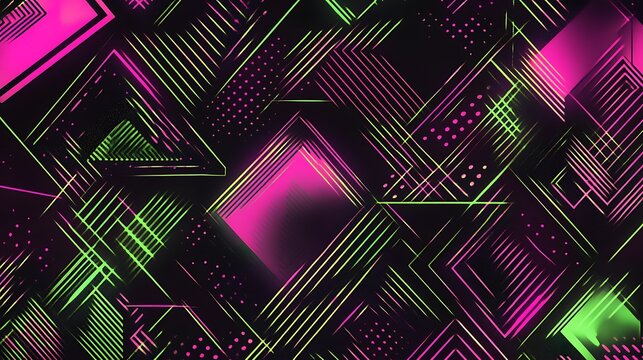 Glowing Neon Geometric Patterns - Vibrant Hot Pink and Neon Green Design on Black Background in Cartoon Style Vector Art