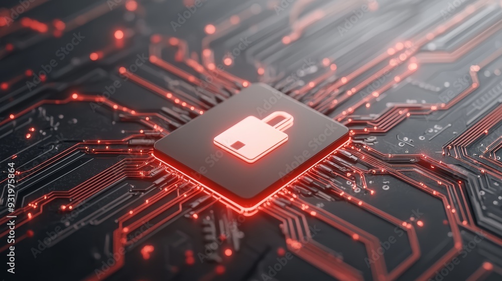 Poster a vibrant digital illustration of a microchip with a lock symbol, representing cybersecurity and dat