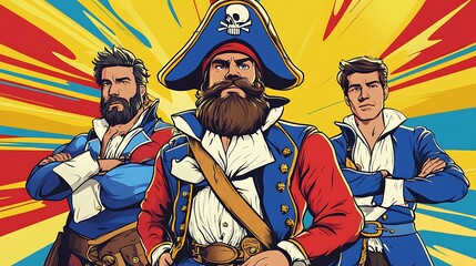 Bold Pirate Captain with Dashing Men in Cartoon Style Illustration Against Vibrant Comic Book Background